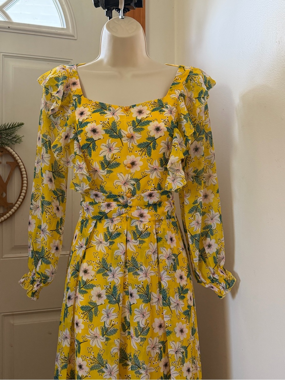 Yellow Floral Long Sleeve Midi Dress can fit s and m - Picture 3 of 7